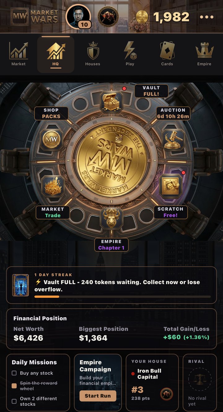 The HQ screen with the vault, auction, shop, and scratch ticket