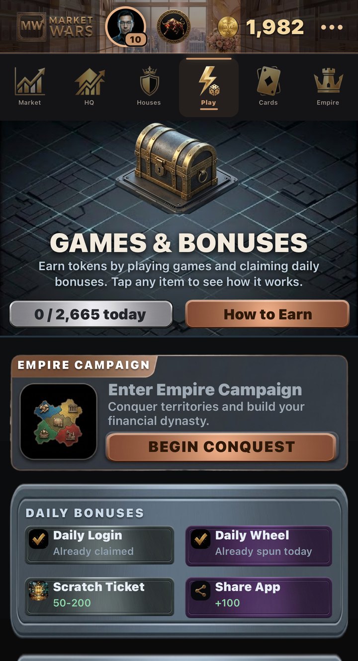 The Games and Bonuses screen with daily bonuses